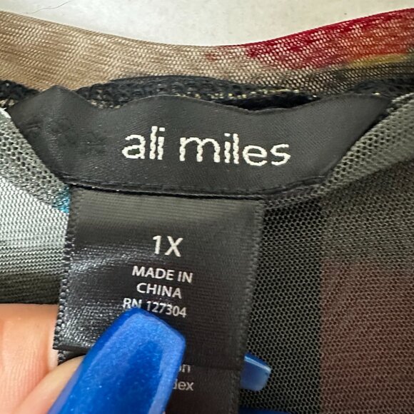 Ali Miles Tunic Top 1X sheer built in tank asymmetric colorful artsy button back - Picture 4 of 7